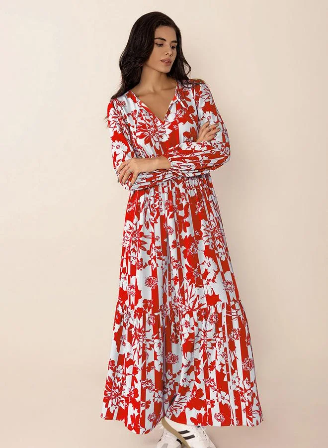 Take Two Women's Floral Printed V Neck Long Sleeve Maxi Dress